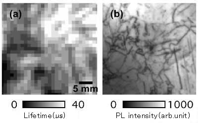 Fig. 4 Defect distribution in multicrystalline Si wafer:
(a) Microwave photoconductivity decay method; 20 minutes in measuring time
(b) PL imaging with wafer immersed in HF solution; 0.1 seconds in measuring time
</div>